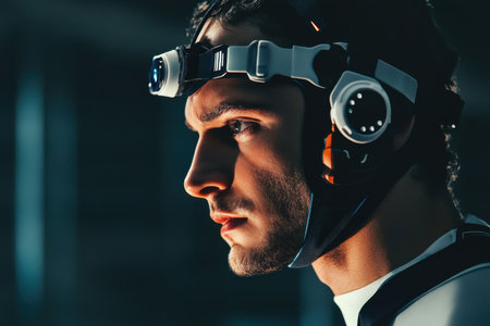 A focused athlete wears advanced gear and headlamps while getting ready for an intense training session.の素材