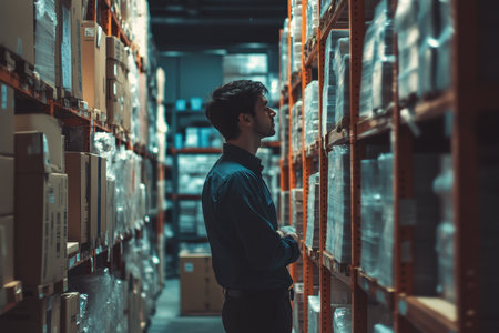 A man stands thoughtfully between shelves stacked with boxes in a dimly lit warehouse.の素材