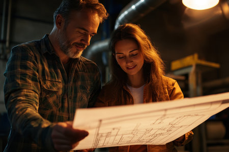 Two people examine detailed blueprints in a dimly lit industrial setting, showing teamwork and focus.の素材