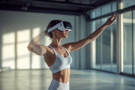 A fit woman is immersed in virtual reality, pointing while wearing a headset in a spacious, bright room.の素材