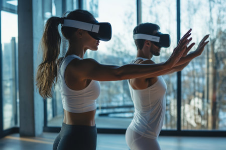 Two individuals participate in a virtual reality fitness session at a trendy indoor studio.の素材