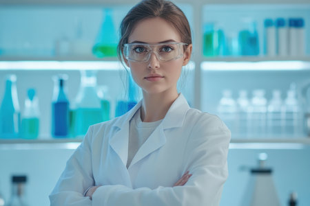 A young female scientist stands confidently in a modern laboratory, surrounded by colorful chemical solutions.の素材