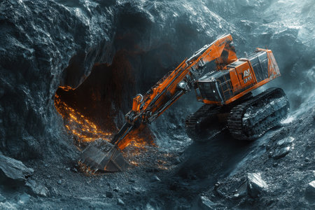 An excavator works diligently in a dark mining environment, removing materials near molten rock.の素材