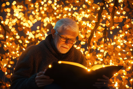 An elderly man enjoys reading a book amidst warm, glowing lights on a peaceful evening.の素材