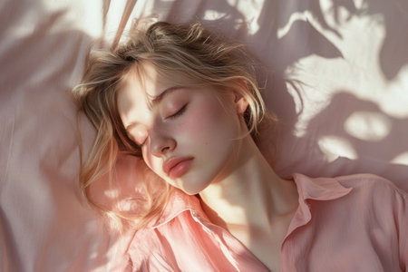 A young woman lies on her side, eyes closed, wrapped in soft linens with warm sunlight filtering through.の素材