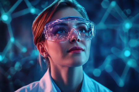 A scientist in protective eyewear looks upward, analyzing data in a futuristic lab filled with technology.の素材