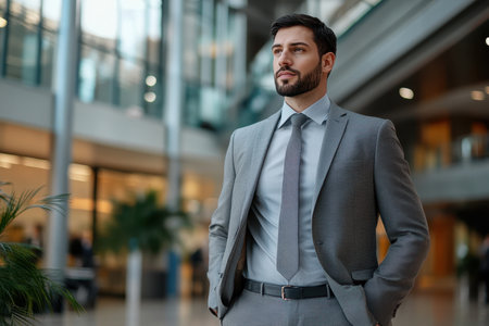 A professional man in a suit stands confidently in a contemporary office space, deep in thought.の素材