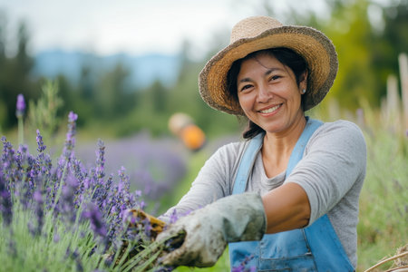 A woman smiles while cutting lavender flowers in a beautifully maintained field on a sunny afternoon.の素材