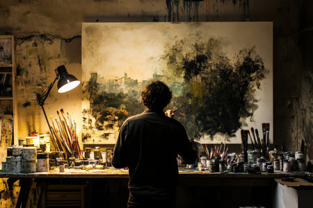 An artist stands focused at a cluttered easel, creating an abstract piece with various paints and brushes around.の素材