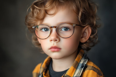 A child with blonde curls and glasses looks intently, wearing a neck-high plaid shirt, creating a thoughtful mood.の素材