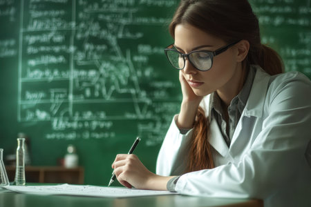 Focused student in a lab coat takes notes while analyzing scientific concepts on a chalkboard.の素材