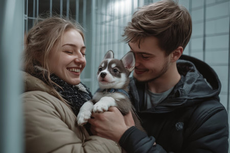 A young couple smiles while cuddling a small puppy in an animal shelter during winter.の素材