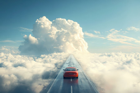 A red car drives on a shiny road under a cloudy sky, creating a dreamy vibe.の素材