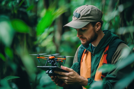 A man in a cap and jacket controls a drone in a dense forest, collecting valuable environmental data.の素材