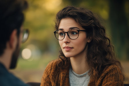 Two friends engage in an intense discussion while enjoying a peaceful autumn afternoon in the park.の素材
