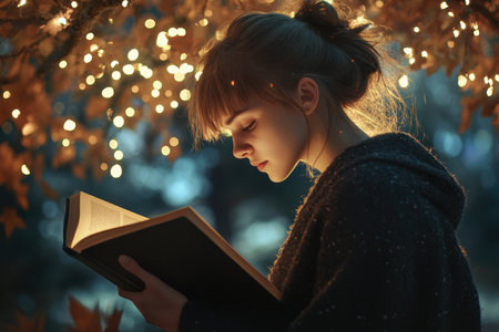 A girl is immersed in reading a book, surrounded by warm glowing lights and autumn leaves during dusk.の素材