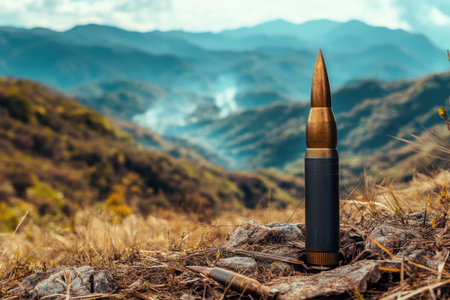 A large artillery shell is placed upright on rocks, with stunning mountains and a cloudy sky in the background.の素材