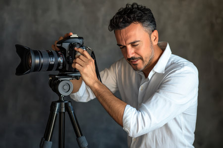 A man skillfully fine-tunes his camera on a tripod in an indoor studio, focused and dedicated to his craft.の素材