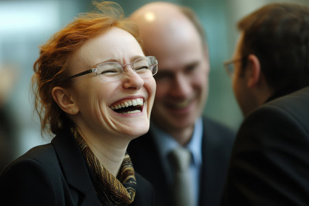 People are networking and sharing laughter during a business event, showing their enthusiasm and connection.の素材
