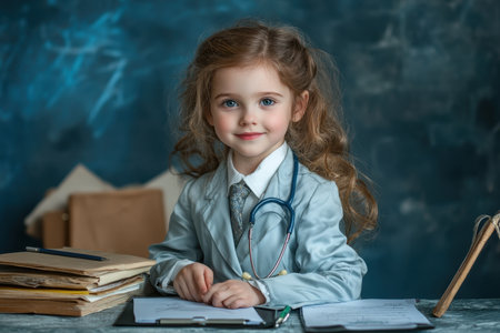 A joyful child in a doctor's outfit poses at a desk full of medical files and equipment.の素材