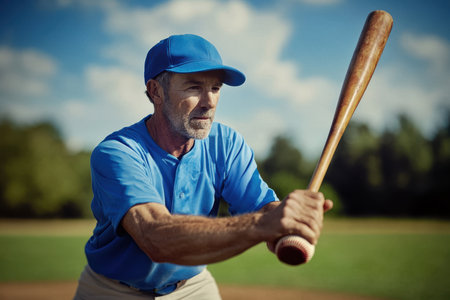 An elderly man in a blue shirt and cap stands ready with a bat, focused on an approaching pitch.の素材