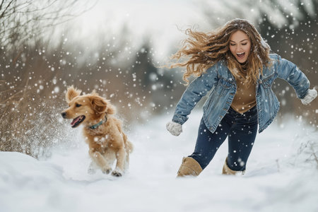 A young woman runs through deep snow with her golden retriever, both enjoying a snowy winter day filled with joy.の素材