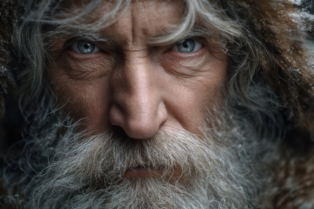An elderly man stares intensely with blue eyes, showing a thick beard while wrapped in fur against the cold.の素材
