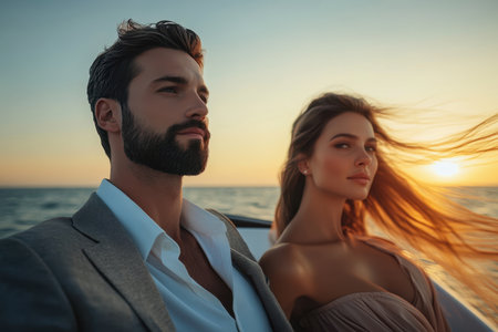 A couple sits on a boat, gazing at the sunset over the ocean, capturing a moment of intimacy and serenity.の素材