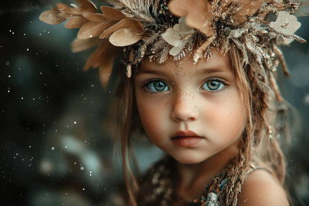 A girl with enchanting blue eyes gazes softly while adorned with a crown of leaves and flowers, creating a magical aura.の素材
