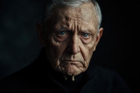 A thoughtful elderly man gazes intensely, showing deep lines and striking blue eyes in low light.の素材