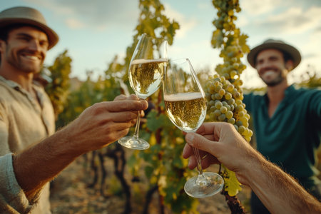 Three friends raise their glasses of sparkling wine in a vineyard at sunset, enjoying the moment together.の素材