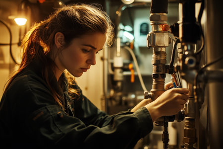 A technician is focused on repairing machinery, surrounded by pipes and tools in a workshop environment.の素材