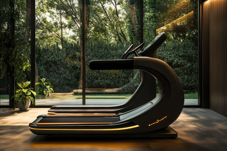 A sleek treadmill is positioned in a well-lit home gym with floor-to-ceiling windows overlooking lush greenery.の素材