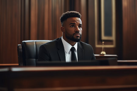A well-dressed man listens attentively in a courtroom, surrounded by elegant wood paneling, during a legal session.の素材