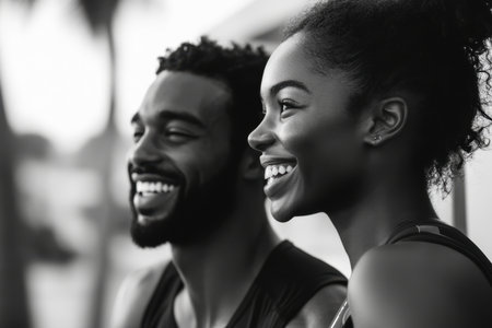 Two people share joyful smiles while sitting outdoors, surrounded by a warm atmosphere and natural light.の素材