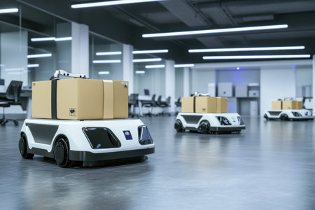 Autonomous robots navigate a spacious office, delivering packages efficiently in a contemporary setting.の素材