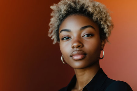 A confident woman with natural curls showcases her beauty and poise in a studio with a warm background.の素材
