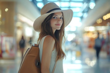 A young woman in a straw hat stands confidently in a lively shopping mall, enjoying the atmosphere.の素材