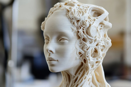 This sculpture features a detailed 3D print of a female figure with intricate patterns, highlighting craftsmanship.の素材