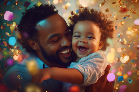 A father embraces his smiling baby, both enjoying a festive atmosphere filled with confetti.の素材