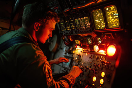 A pilot is adjusting the controls in a dimly lit cockpit, focusing on the illuminated instruments.の素材