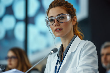 A female scientist wearing protective glasses delivers research findings to an engaged audience at a conference.の素材