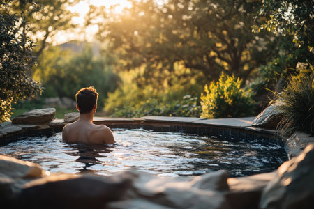 A man enjoys a peaceful moment soaking in a hot tub as the sun sets behind lush greenery.の素材