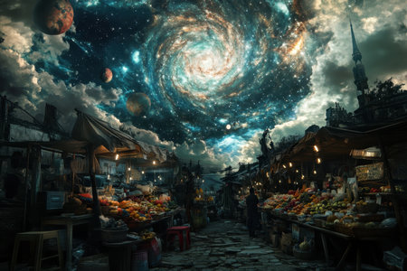Vendors sell colorful fruits and goods as a stunning galaxy twirls above a lively market at dusk.の素材