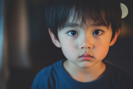 A young child with dark hair gazes curiously at the camera, displaying expressive eyes and a serious expression.の素材