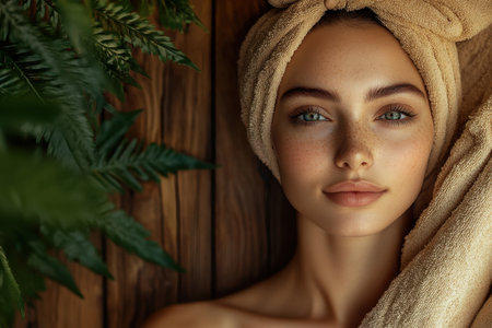 A woman with a towel on her head relaxes in a serene setting surrounded by greenery and soft textures.の素材