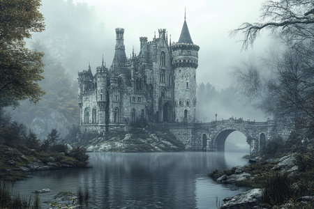 A grand castle with turrets and a stone bridge reflects in the calm water amidst fog and trees.の素材