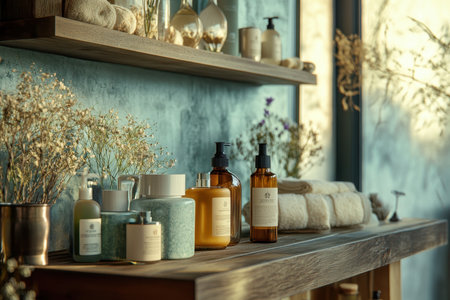 Beautifully arranged natural products on a wooden shelf with dried flowers in a tranquil spa setting.の素材