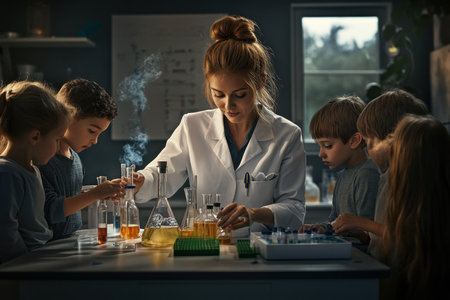 A teacher conducts an engaging experiment with children in a lab, showing colorful liquids and reactions.の素材