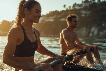 Two individuals enjoy rowing on a calm lake, surrounded by nature in warm evening light.の素材